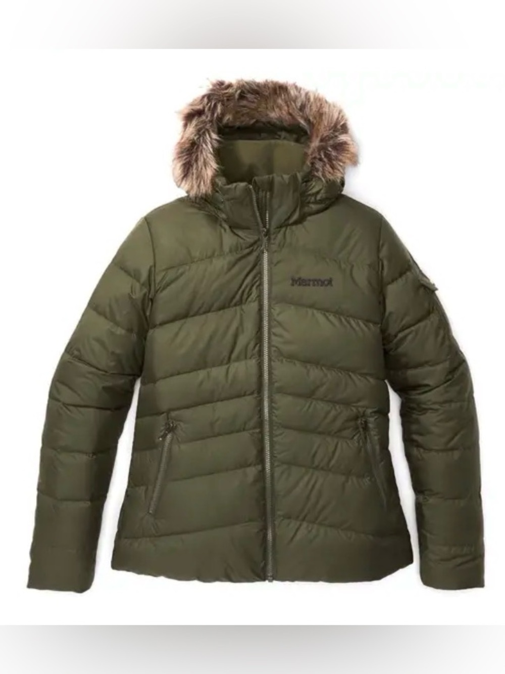 Marmot Ithaca Olive Green Puffer Jacket with Faux Fur Trim Hood